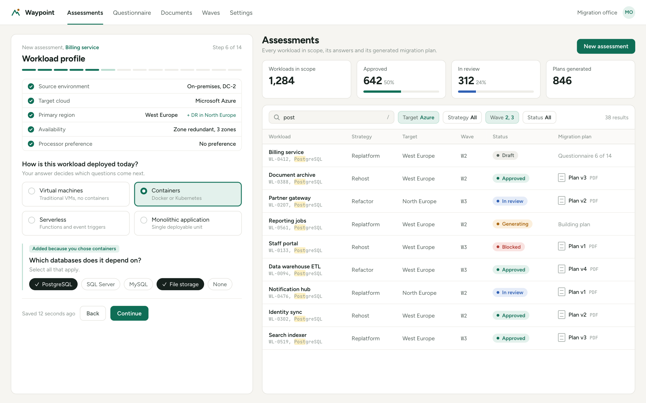 Migration planner with a branching workload questionnaire next to a searchable assessments dashboard