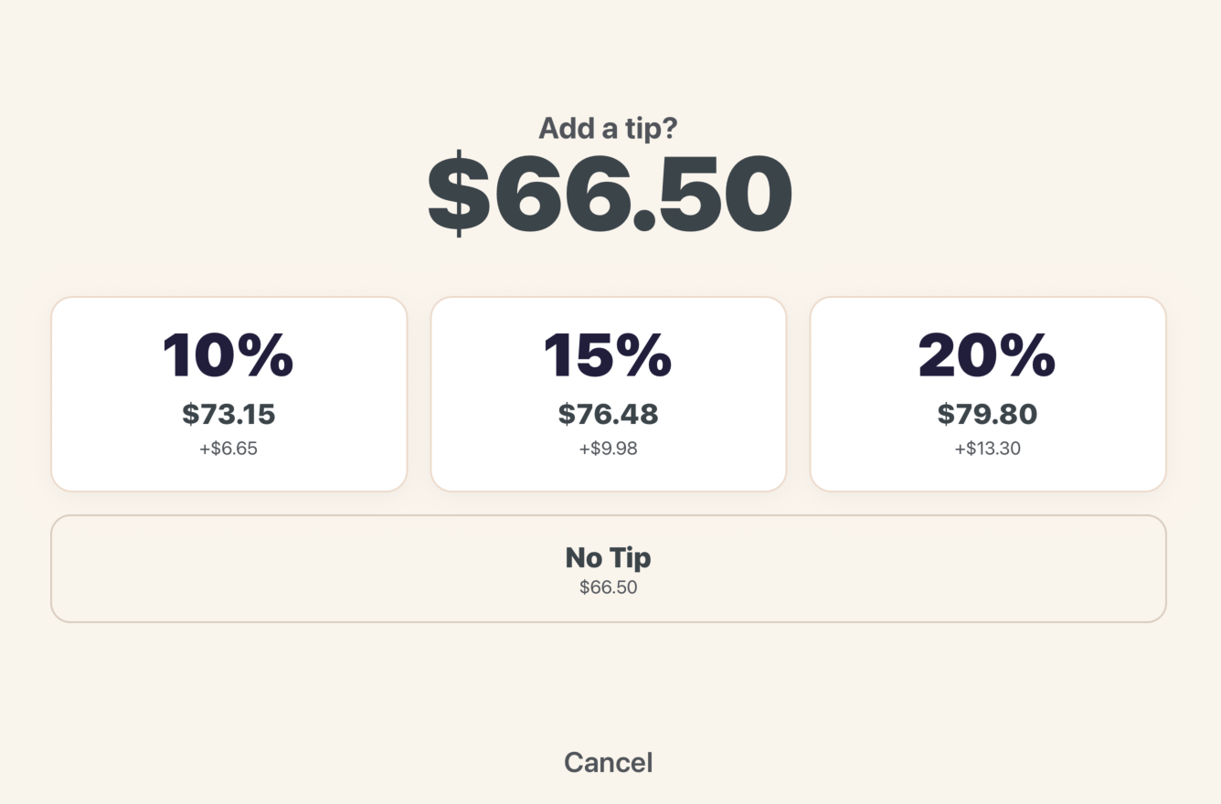 Retail POS app tip screen with 10, 15 and 20 percent options