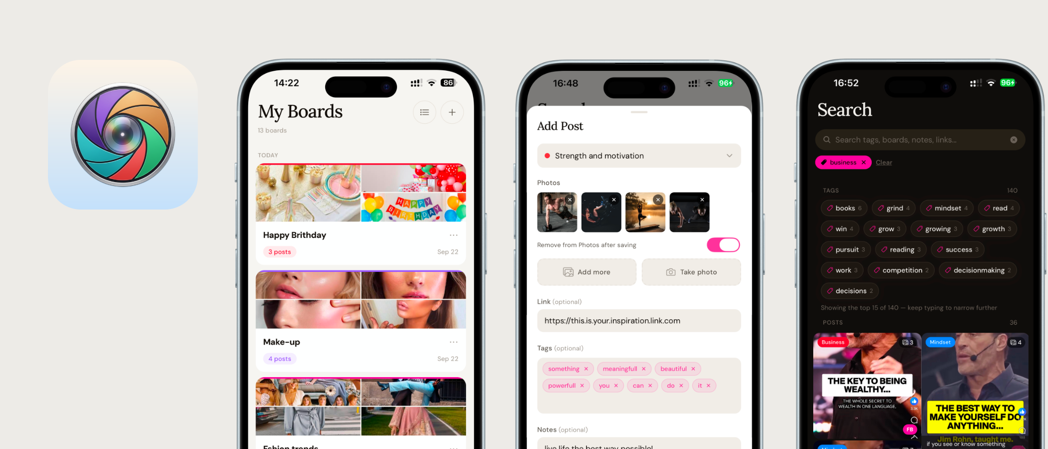 Visual Diary app icon with the boards, add post and search screens